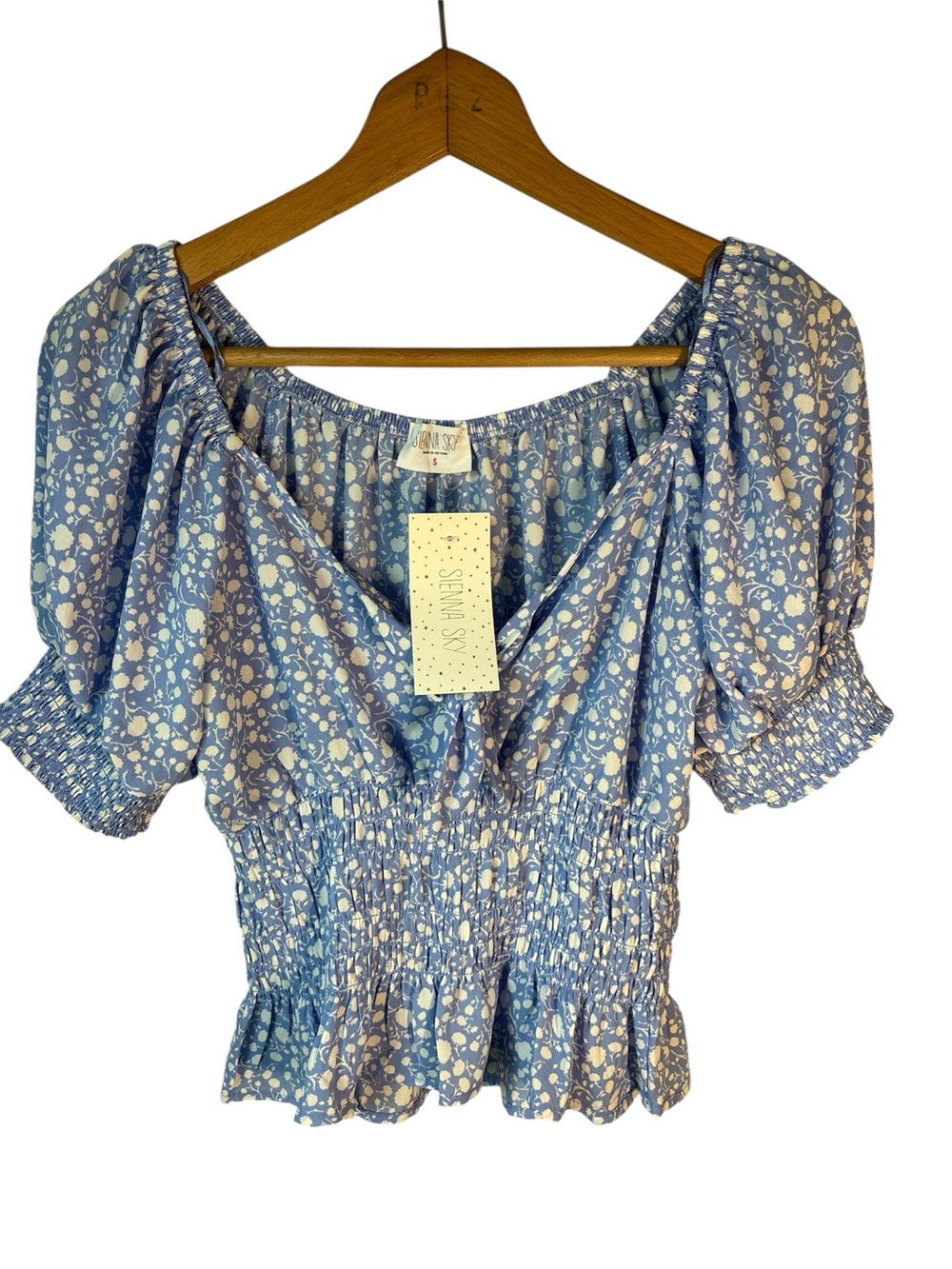 Sienna Sky Top Womens Small Boho Ruffles Dainty blue Floral Feminine Cottagecore